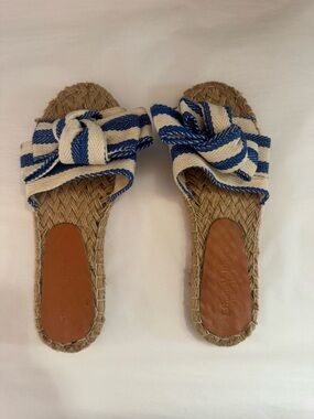 Ethan Valdes Barcelona blue cream striped knotted espadrille slide sandals 7
